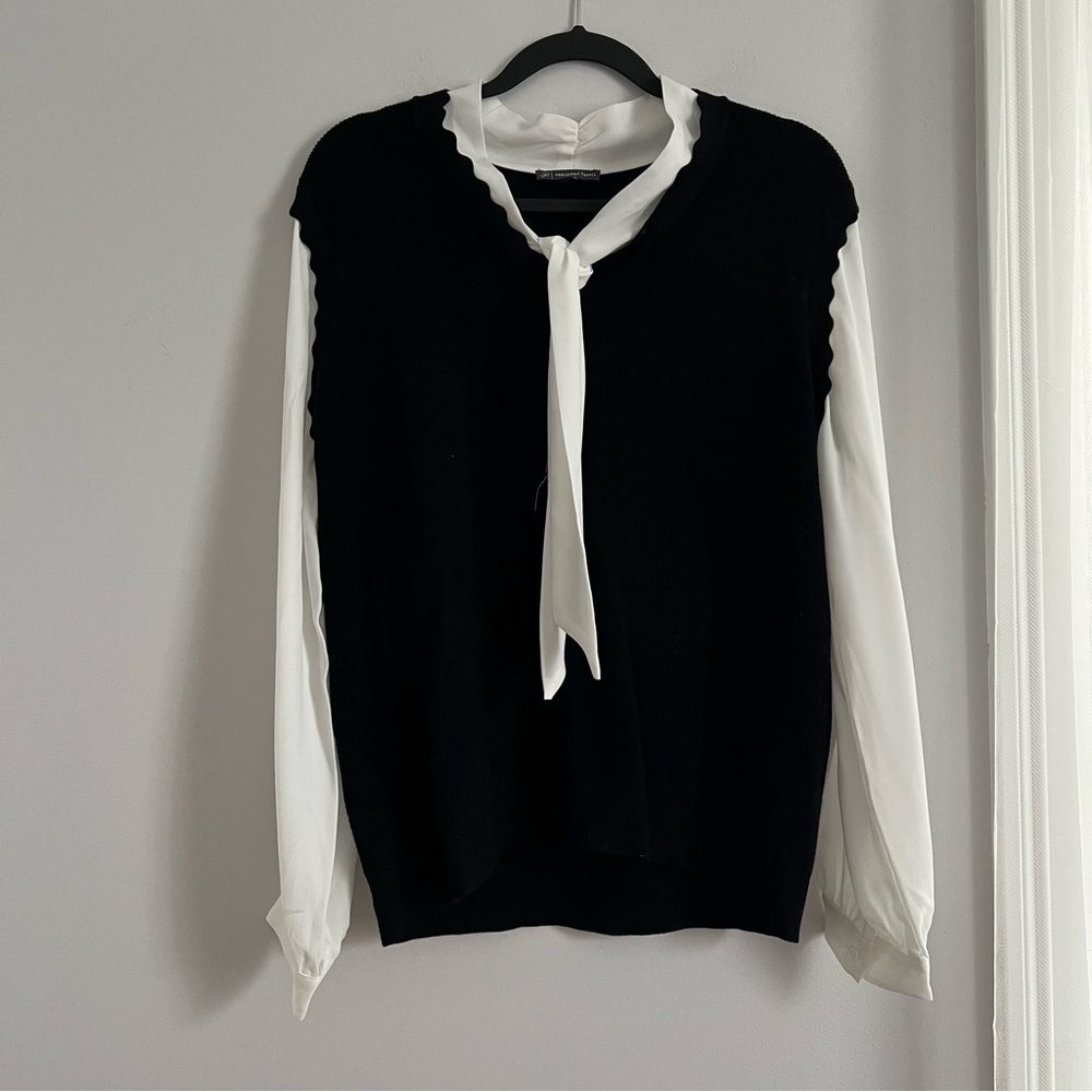 Adrianna Papell Black and White Tie-Neck Top
